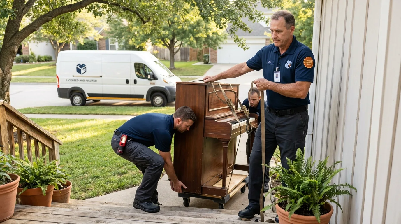 Licensed piano movers securing grand piano in Osage, IA
