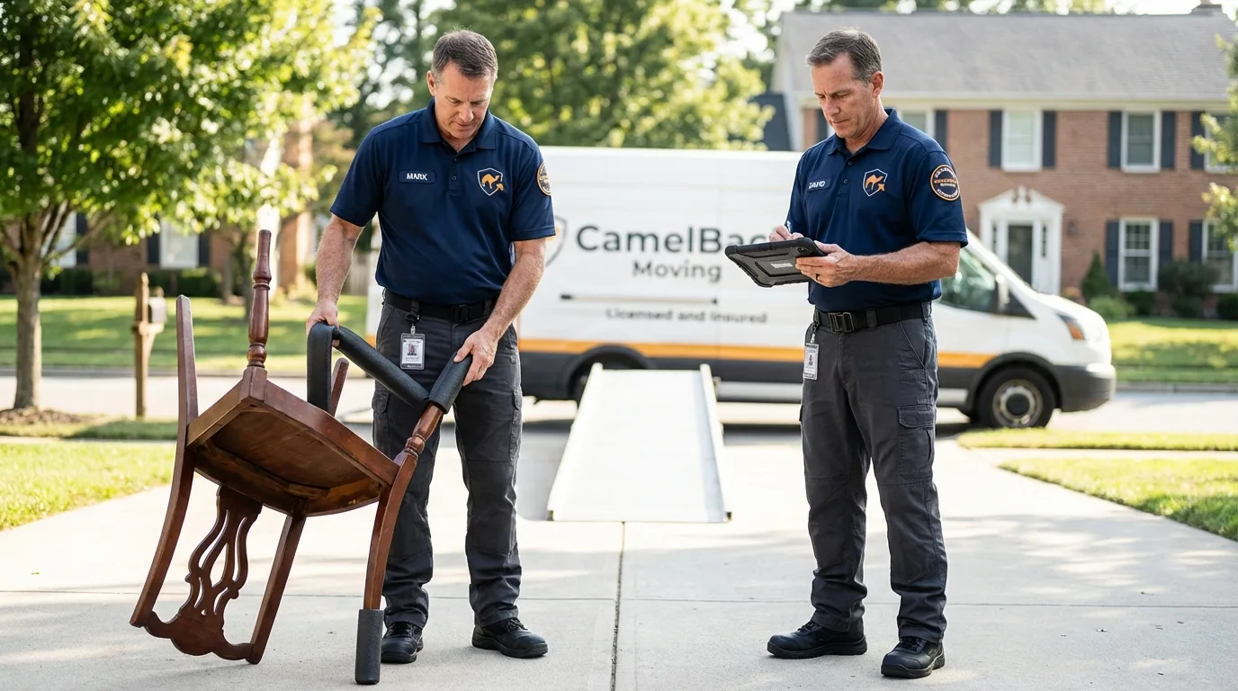 Movers inspecting furniture for damage prevention before loading in Osage, IA