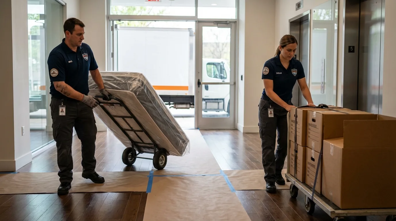 Professional apartment movers loading elevator in Osage, IA