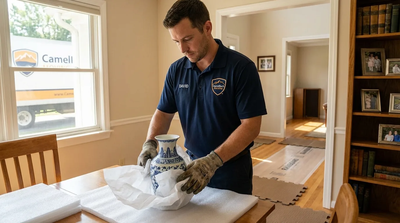 Professional crew carefully wrapping antique vase for senior downsizing move in Osage, IA