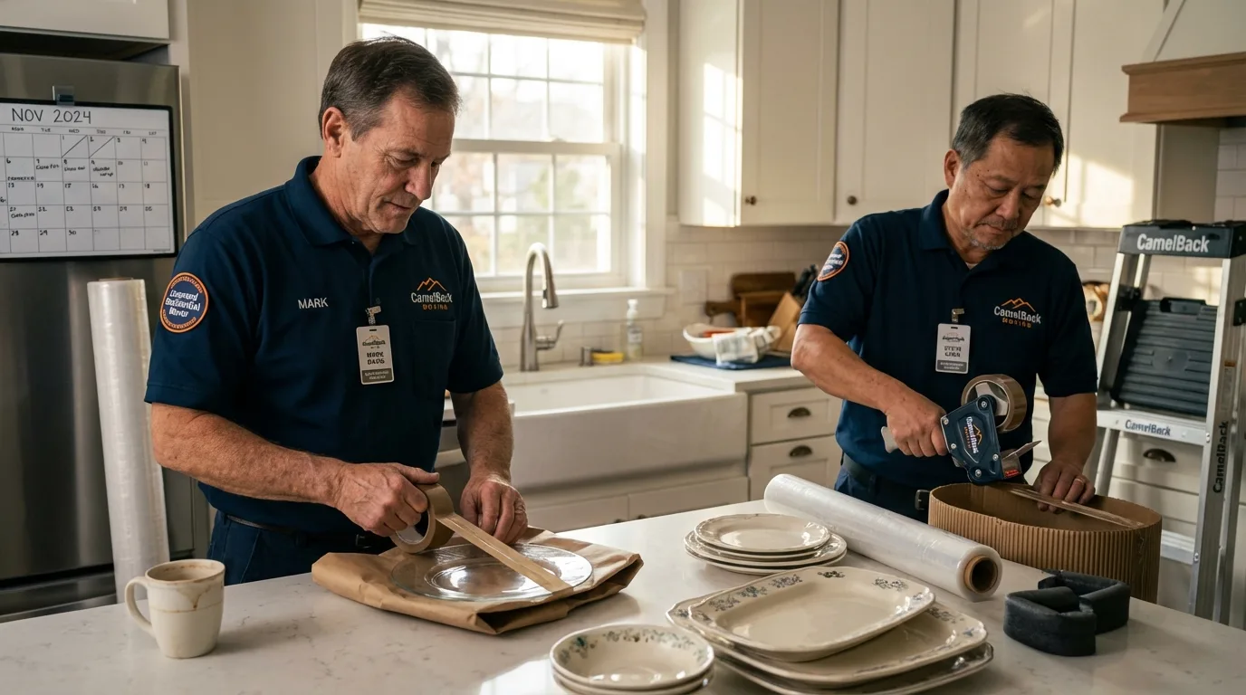 Professional crew packing kitchen dishware in Osage, IA